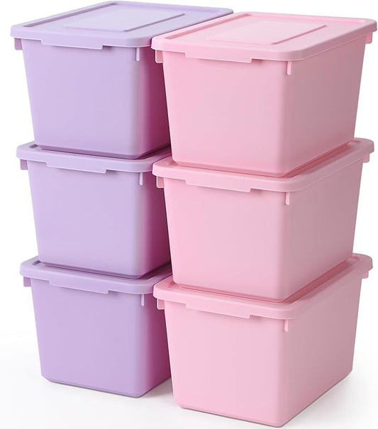 Potchen 6 Pack Small Stackable Storage Bins with Lids Plastic Storage Boxes for Classroom 9.8" ×7.3" ×5.7" Decorative Organizer Bins for Craft Art Office Teacher Supplies (Pink,Purple)