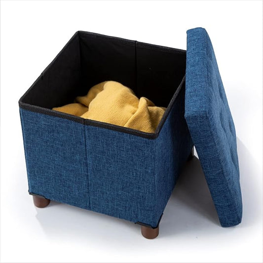 15 Inch Storage Ottoman with Wooden Legs - Cube Foot Rest Stool, Square Footstool, Comfortable Seat with Lid, Foldable Fabric Ottoman, Space-Saving Navy
