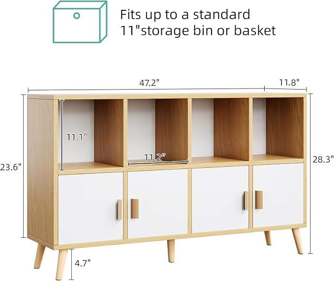 8-Cube Storage Organizer with Doors & 5 Solid Wood Legs, Mid-Century Modern Bookshelf with Seamless Top, Horizontal Cubby Toy Storage for Kids, Sideboard Media Console fits 11" Bins, Natural