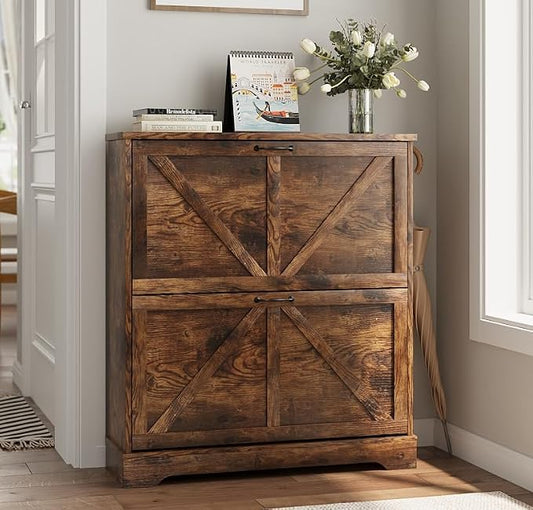 Smart FENDEE Shoe Cabinet, Shoe Storage Cabinet for Entryway with 2 Flip Drawers, Narrow Farmhouse Shoe Organizer Cabinet, Slim Shoe Rack Cabinet, 31.5 in Rustic Brown