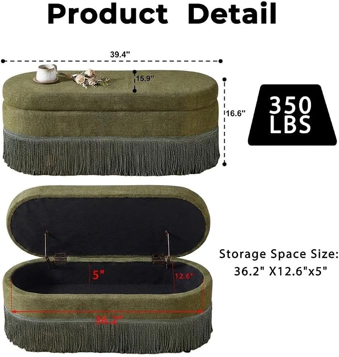 39.4“ Boho Storage Ottoman Bench with Tassels,Upholstered End of Bed Bench | Linen Oval Ottoman with Storage, Entryway Foot Rest for Bedroom, Lift-Top Lid with Safety Hinge, Living Room& Window, Green