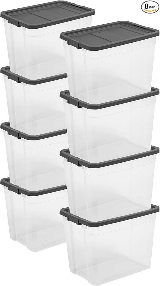 Sterilite 8-Pack Modular Stacker Box, Durable Clear Plastic Storage Bins with Latching Lids, 108 Quart - Stackable Organizing Container Boxes for Closet, Bathroom, and Office