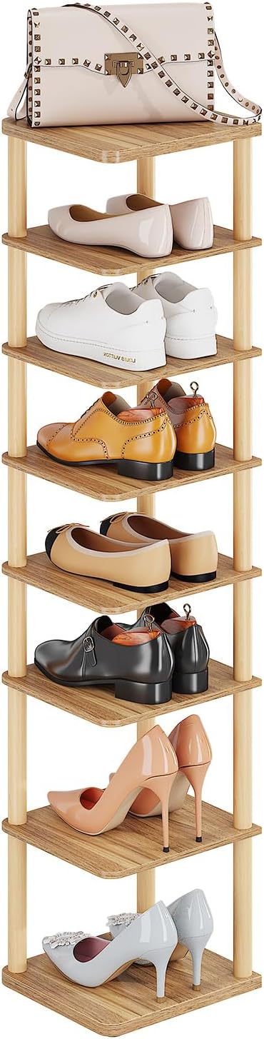 8 Tiers Vertical Shoe Rack, Tall Narrow Shoe Tower Corner Shoe Rack, Walnut | Small Shoe Organizer for Entryway, Closet, Dorm & Small Spaces, Freestanding Wooden Shoe Shelf for Boots, Sneakers, Heels.
