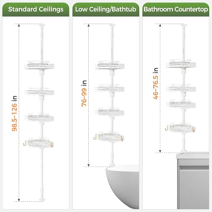 akinbas 360° Rotating Shower Caddy Tension Pole with 4-Tier Rustproof Lazy Susan 35-128 Inch No Drilling Coner Shelves Adjustable Shower Rack for Bathroom Bathtub Washbasin Plant Storage (White)