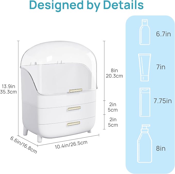 Vtopmart 3-Tier Skincare Makeup Organizer with Drawer and LId, White | With Drawers and Lid, For Vanity, Dresser and Bathroom Countertop, Large Cosmetic Storage Box Case, Non-Slip Base