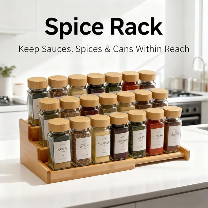 JinDoWin Spice Rack Organizer for Cabinets,Countertop & Pantries,2 Pack | Expandable design, 3-Tier stepped bamboo spice shelf, seasoning organizer, pantry organizers and storage