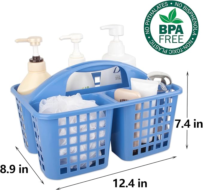 Portable Shower Caddy Basket Plastic Storage Basket with Compartments Blue | Sturdy Large Capacity Cleaning Supplies Organizer Divided Tool Bin for Bathroom Kitchen Bedroom College Dorm Essentials