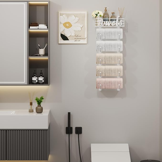SWTYMIKI Hanging Towel Racks for Bathroom - 6 Tier Over The Door & Wall Mounted Bath Rolled Towel Storage Organizer Holder for Small Bathroom, RV, Camper, White (Patented)