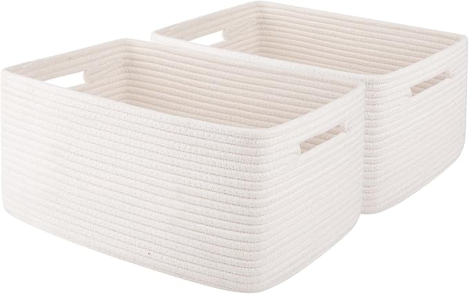 OIAHOMY Storage Basket for Shelves, Closet Cube Storage Bins Baskets for Clothes Blanket Towels, Baby Nursery, Toy Baskets Box, Woven Rope Basket, 15.75 * 11.81 * 7.09 IN, 2 Packs White