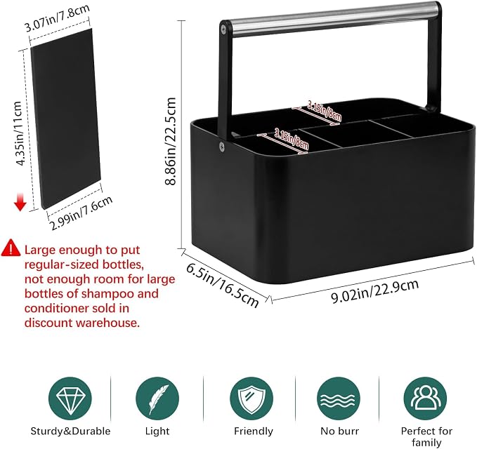 BYUNER Black Shower Caddy Portable: Plastic Bathroom Caddy Countertop,Cleaning Caddy Organizer with Handle,Utility Hard Shower Basket Storage Tote for Toiletry,College Dorm Room Essential for Guys/Men