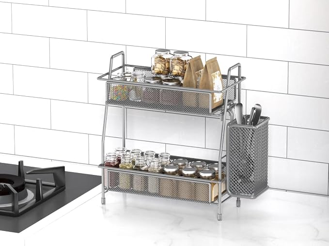 Spice Rack Organizer for Kitchen Counter, Spices Organizer and Storage Seasoning Organizer for Cabinet, Kitchen Metal Countertop Organizer with Side Basket (Grey)