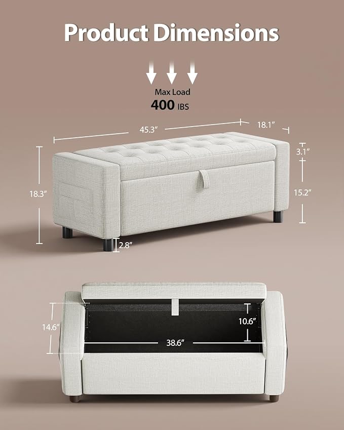 Amada 46" Ottoman with Storage, Side Pocket, Safety Hinge, Beige | 30 gallon (112 liter) hidden storage, holds 400 lbs, 0.35" thicker wood panels, 3.14" thick foam, for end of bed, living room