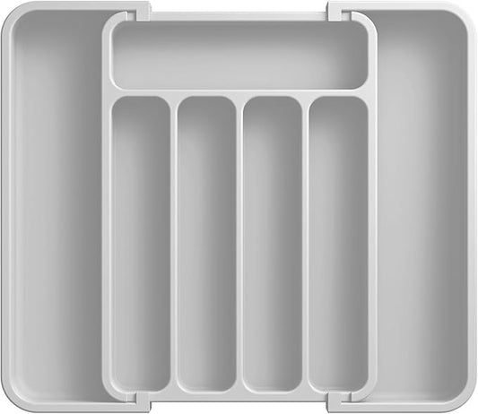 Aujen Silverware Drawer Organizer, Adjustable Utensil Cutlery Tray | Expandable Kitchen Organizer for Forks Knives, Multipurpose Kitchen Storage, Apartment Essentials, Light Grey, Medium