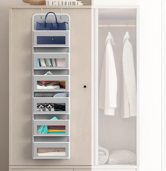 Simple Houseware 6 Clear Window Pocket Over Door Hanging Organizer, Gray | Over the Door Storage for Closet, Bedroom, Bathroom, Pantry