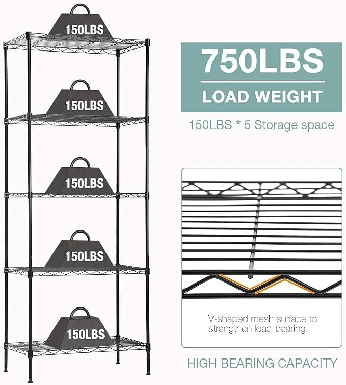 FDW | 5-Tier Wire Shelf | 24" x 14" x 60" | Black | Storage Shelves with Adjustable Racks, Holds upto 750 lbs | Rust-Resistant, No-Tool Assembly | For Home, Garage