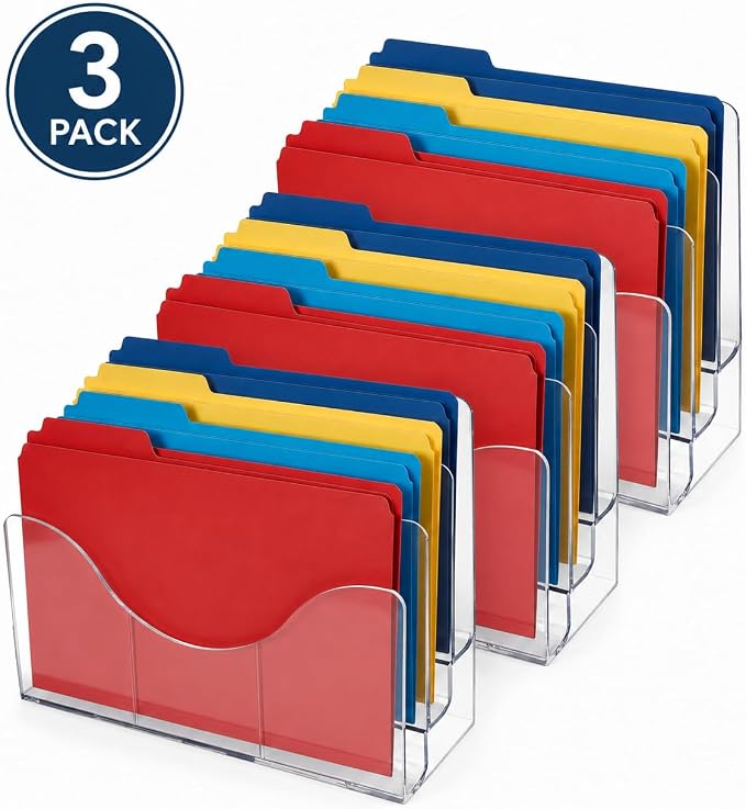 Azar Displays 250099-3PK Three Tier File and Brochure Desktop Wall Organizer Holder with Dividers brochure display stand acrylic file holder, Clear , 3-Pack