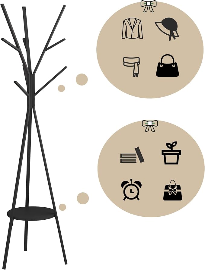 HOME BI Coat Rack Hat Stand Free Standing Display Hall Tree Metal Hat Hanger Garment Storage Holder with 9 Hooks for Clothes Hats and Scarves in Black,17.72" Wx17.72 Dx70.87 H (Black)