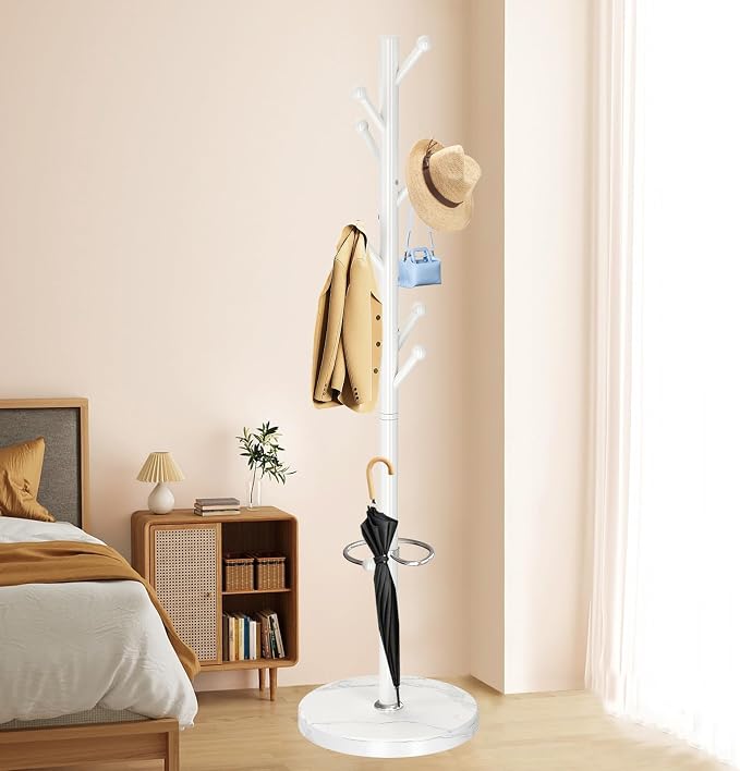 OIRUMIE Coat Rack,Metal Coat Rack Frestanding,White Coat Stand for Entryway | Coat Rack Stand with Marble Base & Umbrella Holder,Modern Coat Hanger Stand,Coat Clothes Tree Stand for Hallway