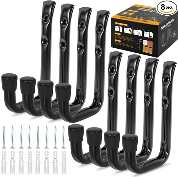 GURADESIGN 8-Pack Heavy Duty Garage Hook for Hanging 50 lbs, J Utility Hooks for Garage, Metal Wall Hooks Heavy Duty, Garage Hook for Hanging, Black | Heavy Duty