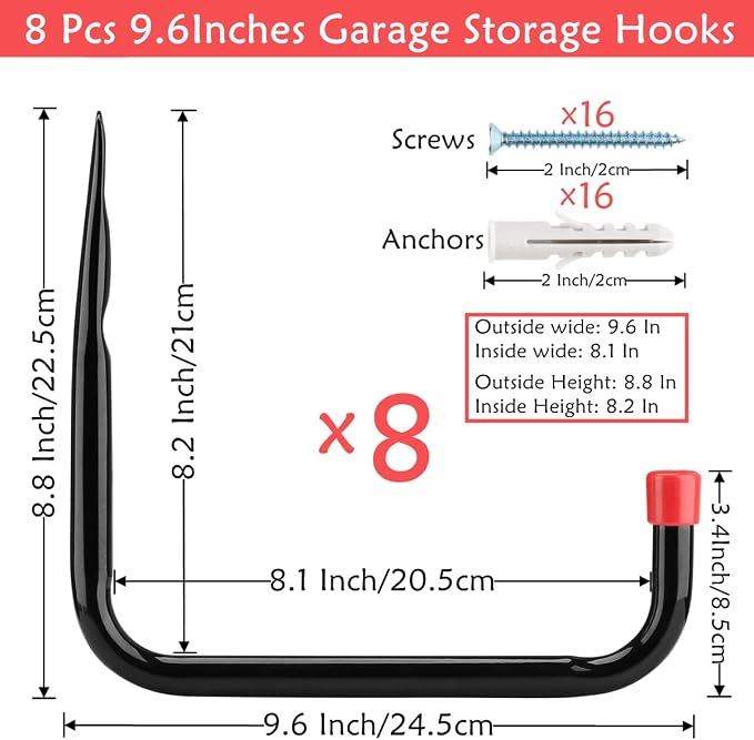 8 Pack Wall Mount Storage Hooks, 9.6IN Garage Utility Hanger for Ladder, Hold Chairs, Garden Tool, Hose, Bike