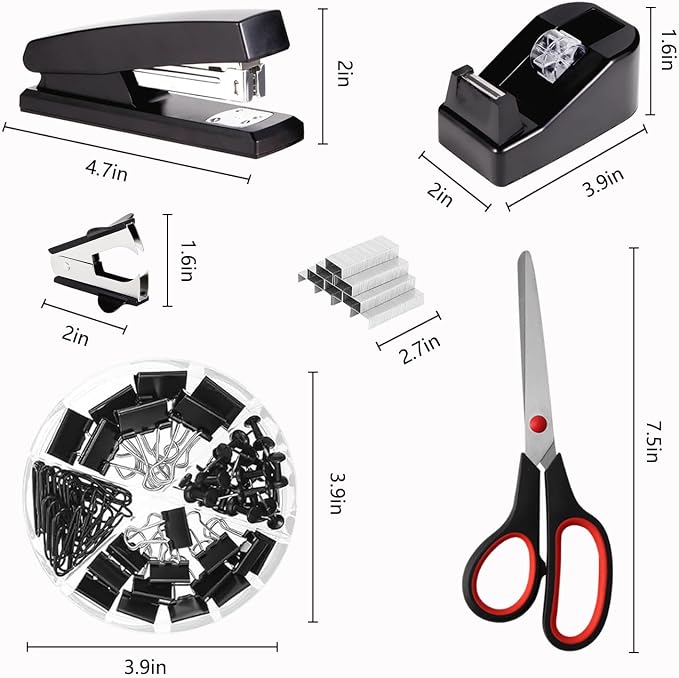 Office Supplies,Black Desk Accessories,Desk Organizer,Phone Stand,Scissors,Stapler,Tape Dispenser,Binder Clips,Staples,Staple Remover,Sticky Notes,Index Tabs,Clear Tape,Mini Box Cutter,Cool Pen.16pcs