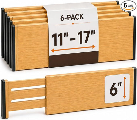 6-Pack Drawer Dividers 6-Inch High Dresser Drawer Organizer 11.5 to 17 Inch | Bamboo, Spring Loaded, No Tools Needed, for Clothes, Utensils, Socks and Deep Drawers in Bedroom, Bathroom, Kitchen, Office