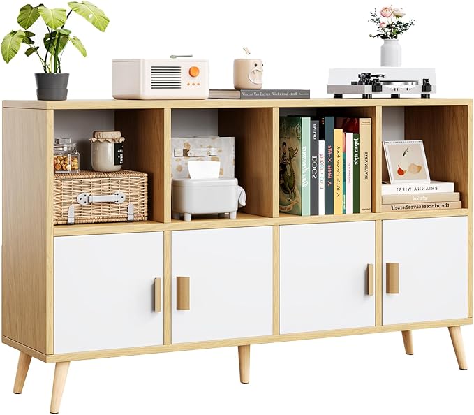 8-Cube Storage Organizer with Doors & 5 Solid Wood Legs, Mid-Century Modern Bookshelf with Seamless Top, Horizontal Cubby Toy Storage for Kids, Sideboard Media Console fits 11" Bins, Natural