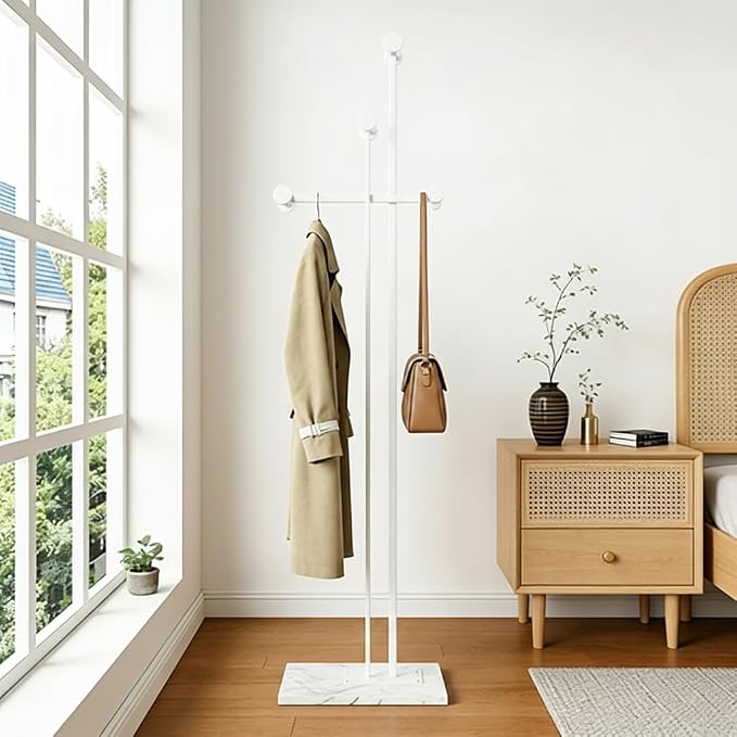 Metal Coat Rack Freestanding for Entryway (White) | Heavy Duty, Marble Base, Metal Frame, Essential Items Organizer for Clothes Bags, for Bedroom Living Room Hotel