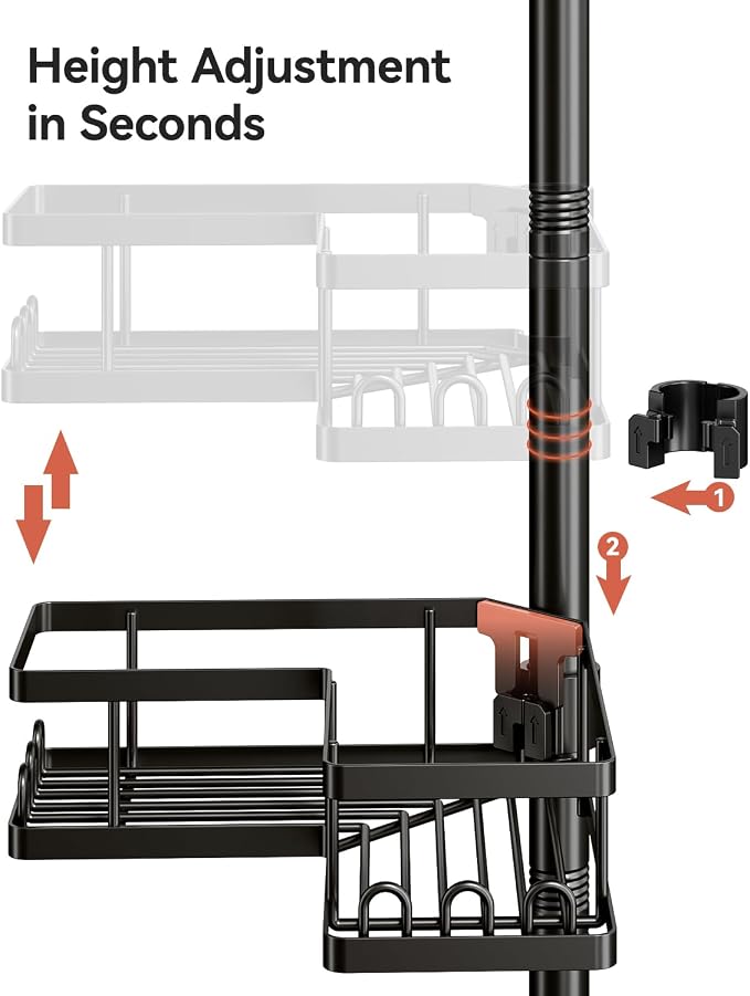 YASONIC Corner Shower Caddy Tension Pole, 25.7-109.1in Adjustable Shower Shelves, Rust-Resistant Shower Organizer, No-Drill 3-Step Installation, Bathroom Shelves for Renters & Family, Black