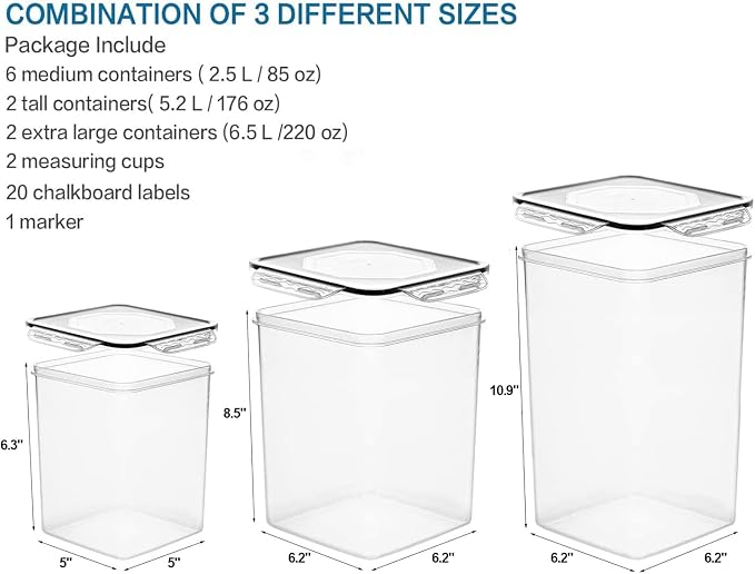 VERONES Large Tall Airtight Food Storage Containers, 10 PACK Containers Set | Plastic Airtight Kitchen & Pantry Organization, Ideal for Flour & Sugar Plastic Canisters with Labels