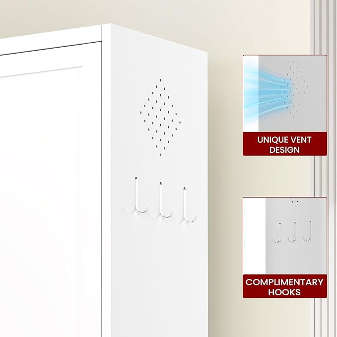 AQY Metal Pantry Cabinet, 72" White Kitchen Storage Cabinet with Doors | 5 Adjustable Shelves • Ventilated Metal Cabinet • Hanging Hooks • Freestanding Kitchen Storage