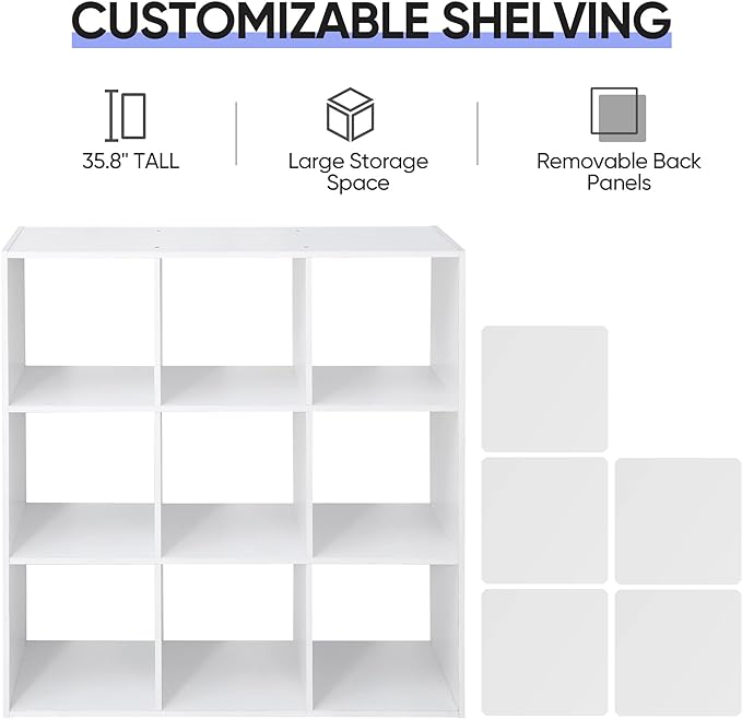 ZenStyle 9 Cube Storage Shelf Organizer, Wooden Bookshelf System Display Cube Shelves Compartments, Customizable W/ 5 Removable Back Panels (White)