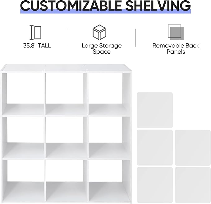 JupiterForce 9 Cube Storage Organizer, Wooden Cube Shelf W/ 5 Removable Back Panels, Customizable Cube Bookcase Bookshelf Freestanding Display Shelf for Home, Office, Bedroom and Living Room (White)