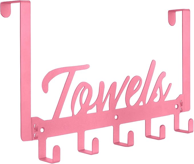 Azmoncy Over The Door Hooks, Towel Rack for Bathroom Towel Holder for Hanging Heavy Duty, Over Door Hanger with 5 Coat Hooks for Bedroom Bathroom Kitchen Towels, Pink