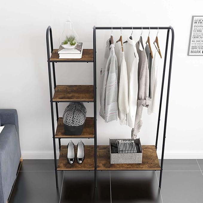 soges Clothes Rack, Garment Rack with 5 Shelves Hanging Bar, Black | Open Wardrobe for Hanging Clothes and Storage, Free Standing Closet Organizer, Clothing Rack for Bedroom Entryway Small Space