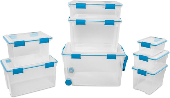 Sterilite Gasket Storage Box with Lids for Home & Office, 37 Quart, 8-Pack | Heavy-Duty, Stackable, and Organizing Containers for Bathroom, Cabinet, Closet, and Garage, Clear and Blue Aquarium Latches