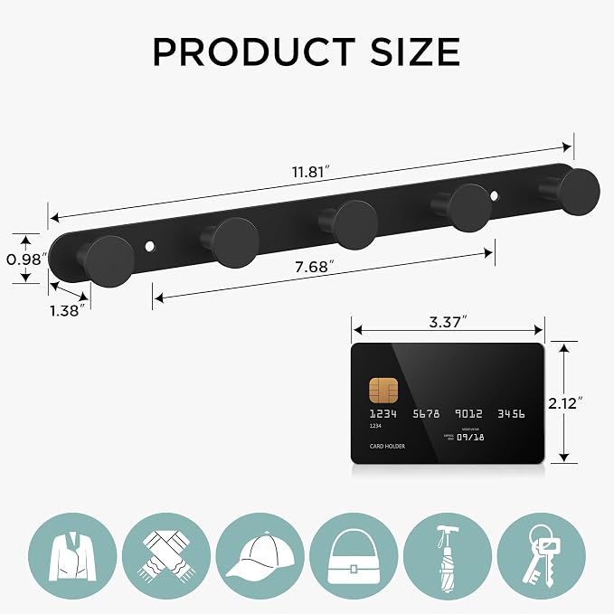 FORIOUS Hat and Coat Rack Wall Mount, 5 Wall Hooks SUS304 for Hanging Black | 304 Stainless Steel Hook Rack for Bags Keys Hats, Coat Racks for Bathroom Bedroom Entryway Kitchen Hotel, Space Saving