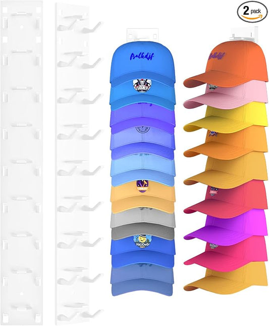 2 Pack Hat Organizer for Baseball Caps, Strong Adhesive Hat Rack for Wall, Multilayer Hat Storage Display Holder for Door Closet, Cap Organizer Storage Wall Mounted Hat Hooks Hold up to 18 Hat (White)