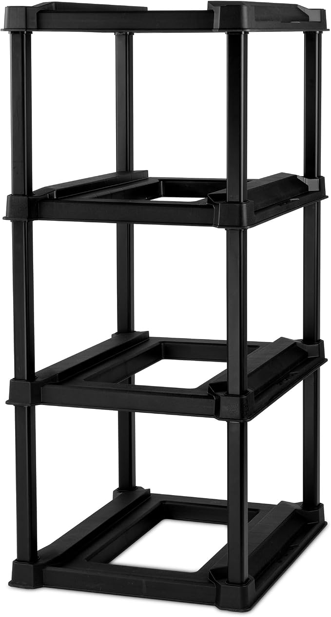 Sterilite 4-Tier Tote Rack with 4-Pack 27 Gallon Industrial Storage Totes | Shelving Unit and Heavy-Duty and Stackable Utility Box Containers for Home, Office, and Basement Organization, Black/Yellow