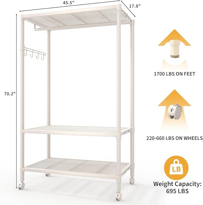 3 Tier Clothes Rack with Wheels and Adjustable Shelves & Hanging Rod Heavy Duty Garment Rack Wardrobe Closet for Hanging Clothes 45.28L*17.72W*70.24H Gray