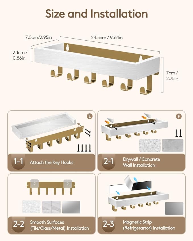 Key Holder Wall Mount Magnetic Adhesive, Key Hooks Rack with Shelf | Key Hanger with Mail Organizer for RV Camper Fridge Living Room Decor, Home Essentials, White Gold