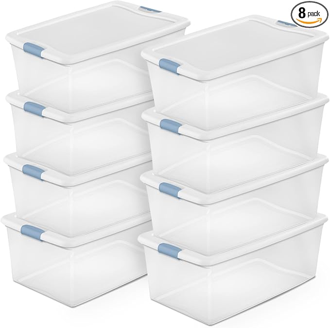 Sterilite Latching Box with Lids for Home and Office, 106 Quart, 8-Pack | Heavy-Duty and Stackable Plastic Containers with Latches for Closet, Cabinet, Bedroom, Bathroom and Dorm Room Organization