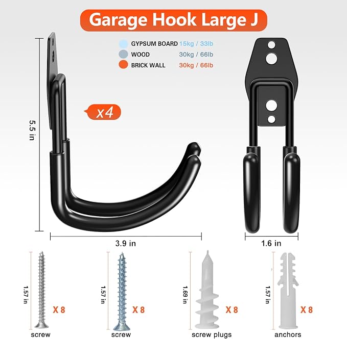 HUPBIPY Heavy Duty Garage Hooks 4 Pack, J Shaped Hanger, Wall Mounted Storage System, Power and Garden Tool Organizer, for Hanging Ladders, Bikes Tires, Hose, Bulk Items