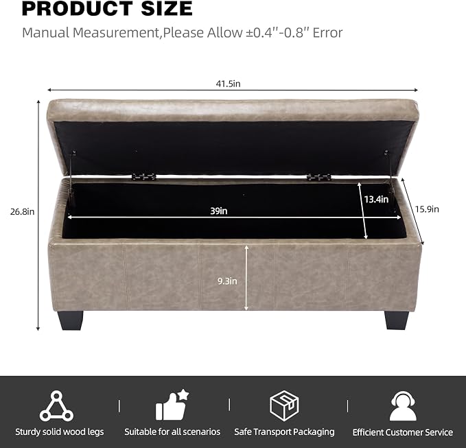 41.5 Inch Light Gray Faux Leather Storage Ottoman Bench for Small Spaces | 2.8 cu ft storage capacity,660 lbs weight limit,solid wood legs,fits modern nordic home decor