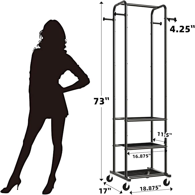 Ekisemio Heavy Duty Clothing Rack with Wheels, Modern Garment Rack with 3 Metal Shelves, Black
