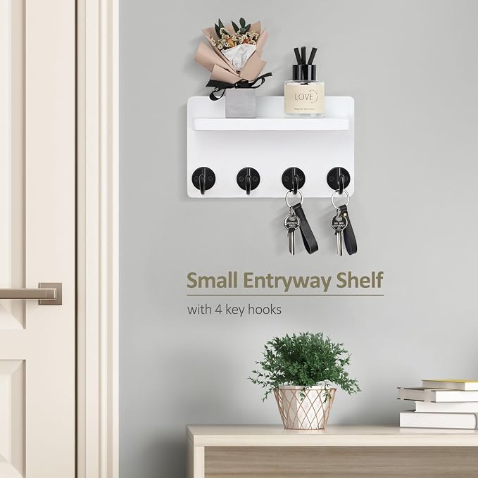 Nekon Key Holder Wall Mount, 8.5 Inch Small Home Decor Wooden Wall Organizer with 4 Hooks and Shelf, Wall Decor for Living Room Entryway Kitchen (White)