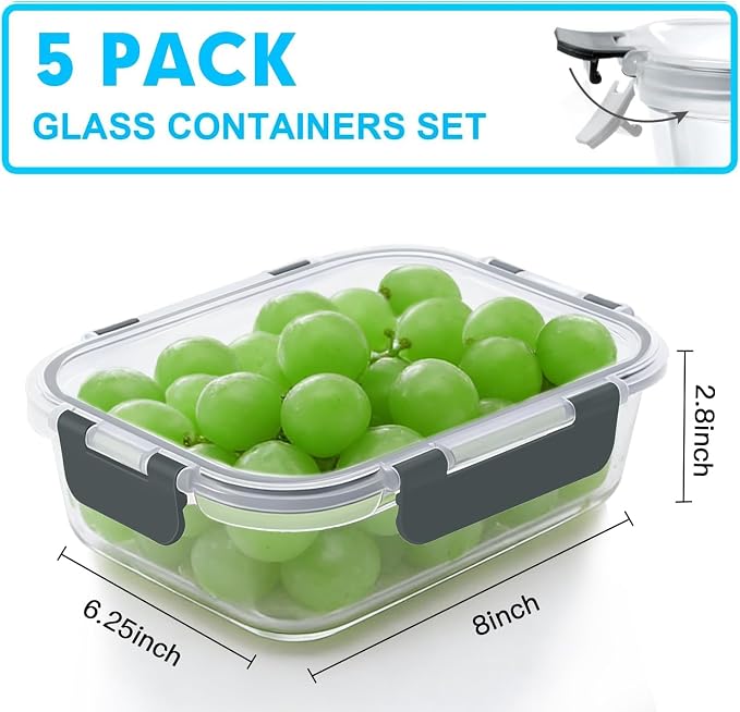 VERONES 5 PACK 36 OZ Glass Meal Prep Containers Set with Lids, Grey | Airtight Glass Lunch Containers Set, Food Storage Containers with Lids, for Microwave, Oven, Freezer & Dishwasher Friendly