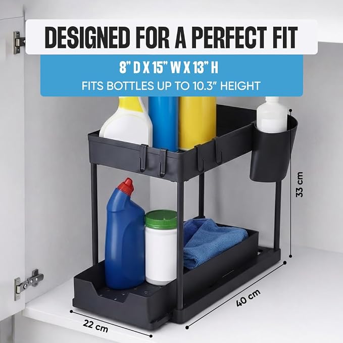 Undersink Organizer, 2-Tier Under Sink Storage Rack with Sliding Drawers for Kitchen Bathroom Cabinets, Pull Out Organizer for Pantry, Laundry Room & Closet Organization - 1 Pack, Black