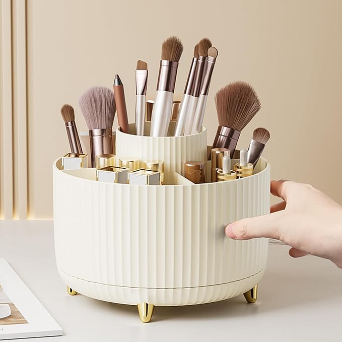 fanado 360° Rotate Makeup Brush Holder Organizer, Makeup Organizers Countertop, Makeup organization and Skincare Storage for Vanity, Desktop, Bathroom (Ivory)