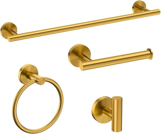 USHOWER 4PCS Brass Gold Bathroom Accessories Set, 24-Inch Towel Bar Set | Durable SUS304 Stainless Steel Bathroom Hardware Set, Towel Racks for Bathroom Wall Mounted, Modern Home Decor